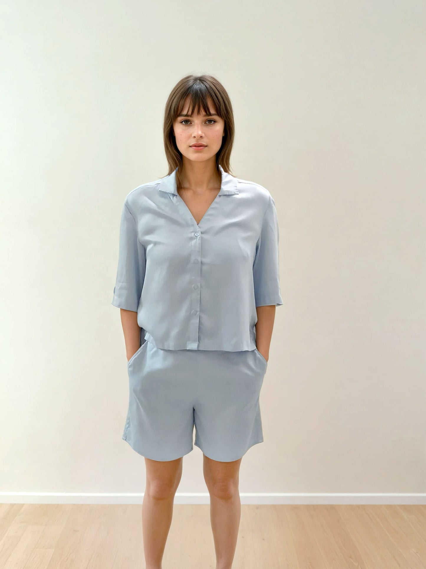 Women Crop Shirt & Shorts Set - 100% Natural Satin Sleepwear (0% Polyester) - Myabi
