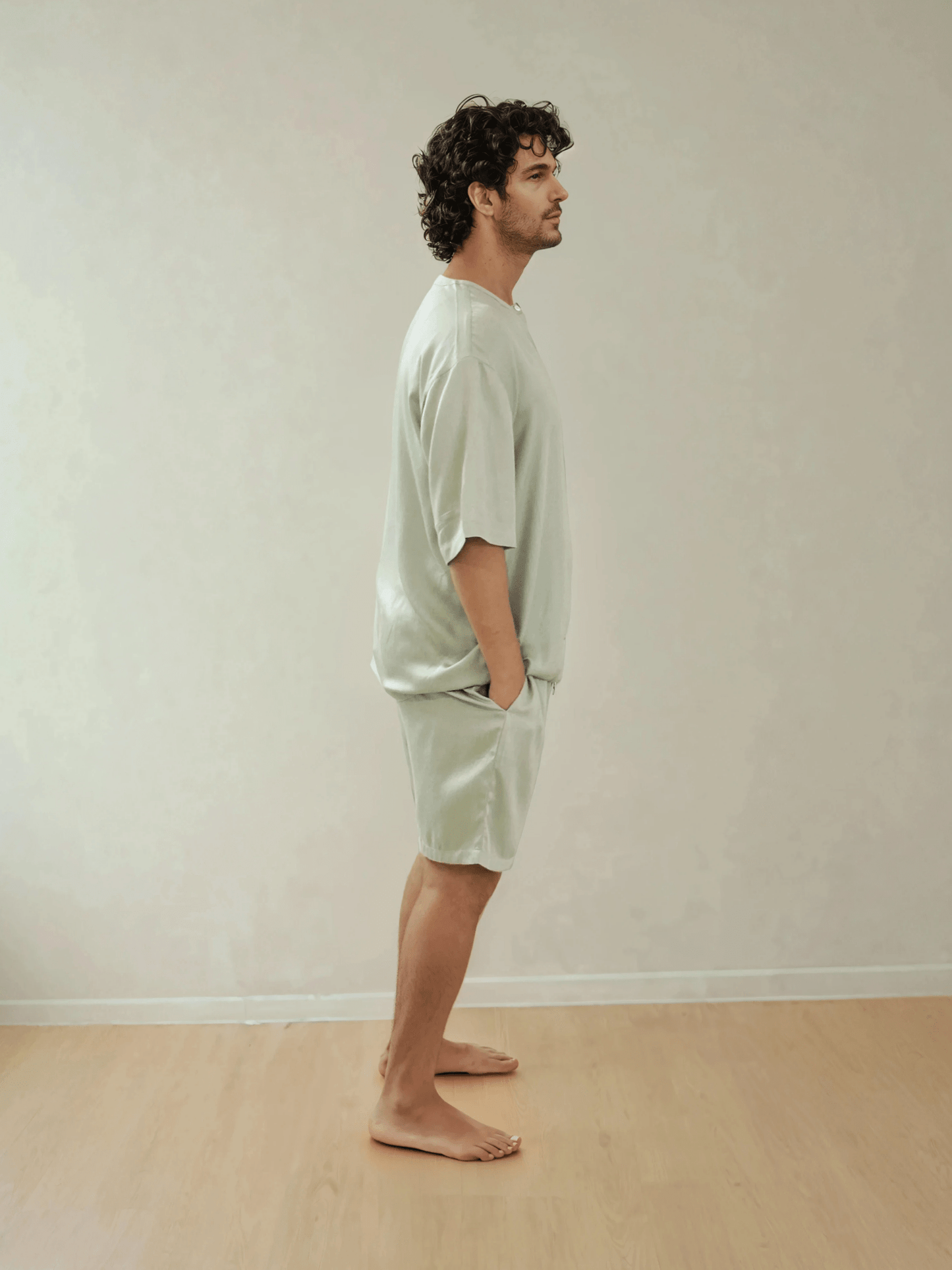 Men T-Shirt & Shorts Set - Fine Natural Satin Sleepwear (0% Polyester) - Feather Soft & Ultra Breathable - Myabi