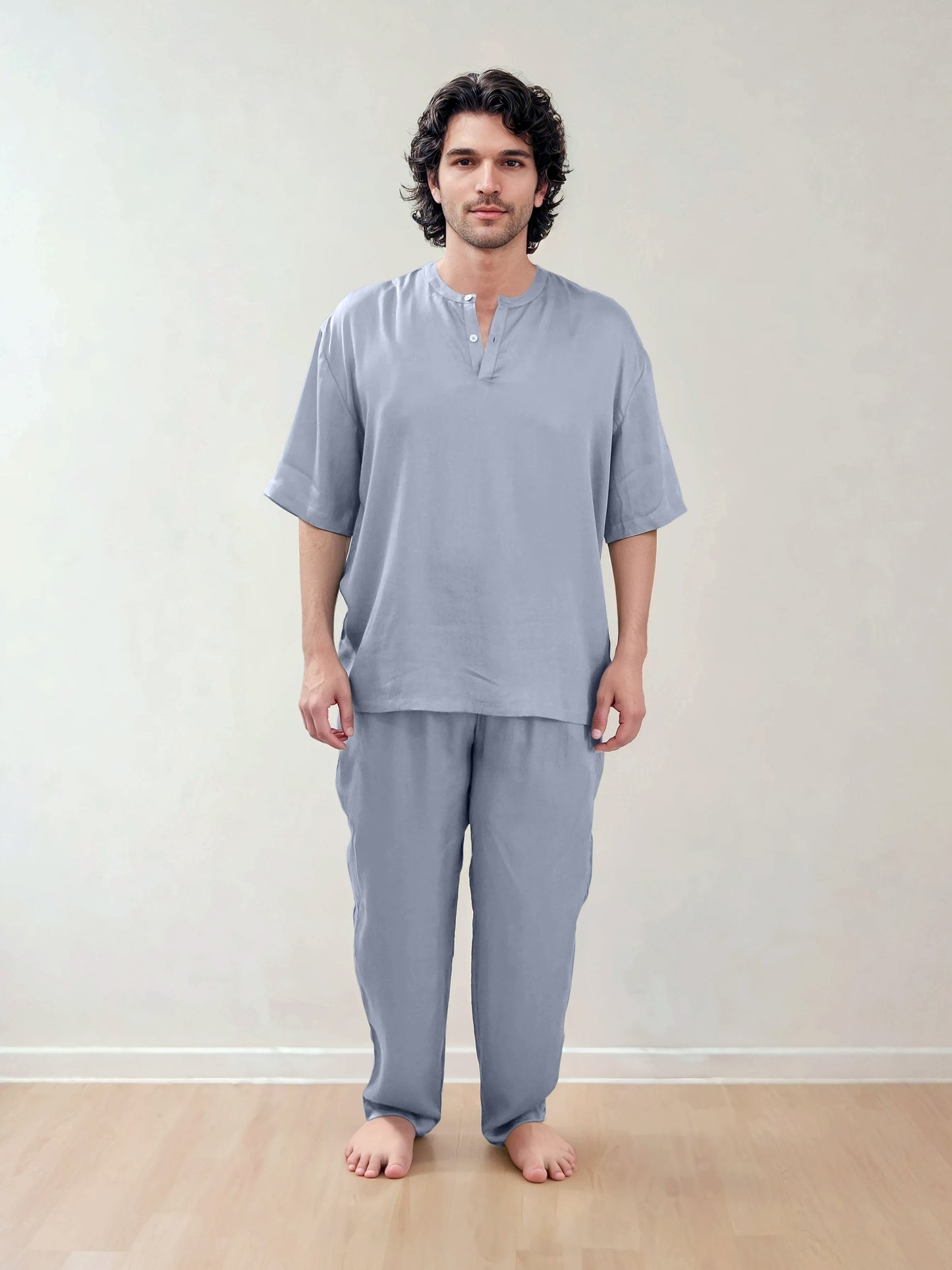 Men T-Shirt & Pyjama Set - Fine Natural Satin Sleepwear (0% Polyester) - Feather Soft & Ultra Breathable - Myabi