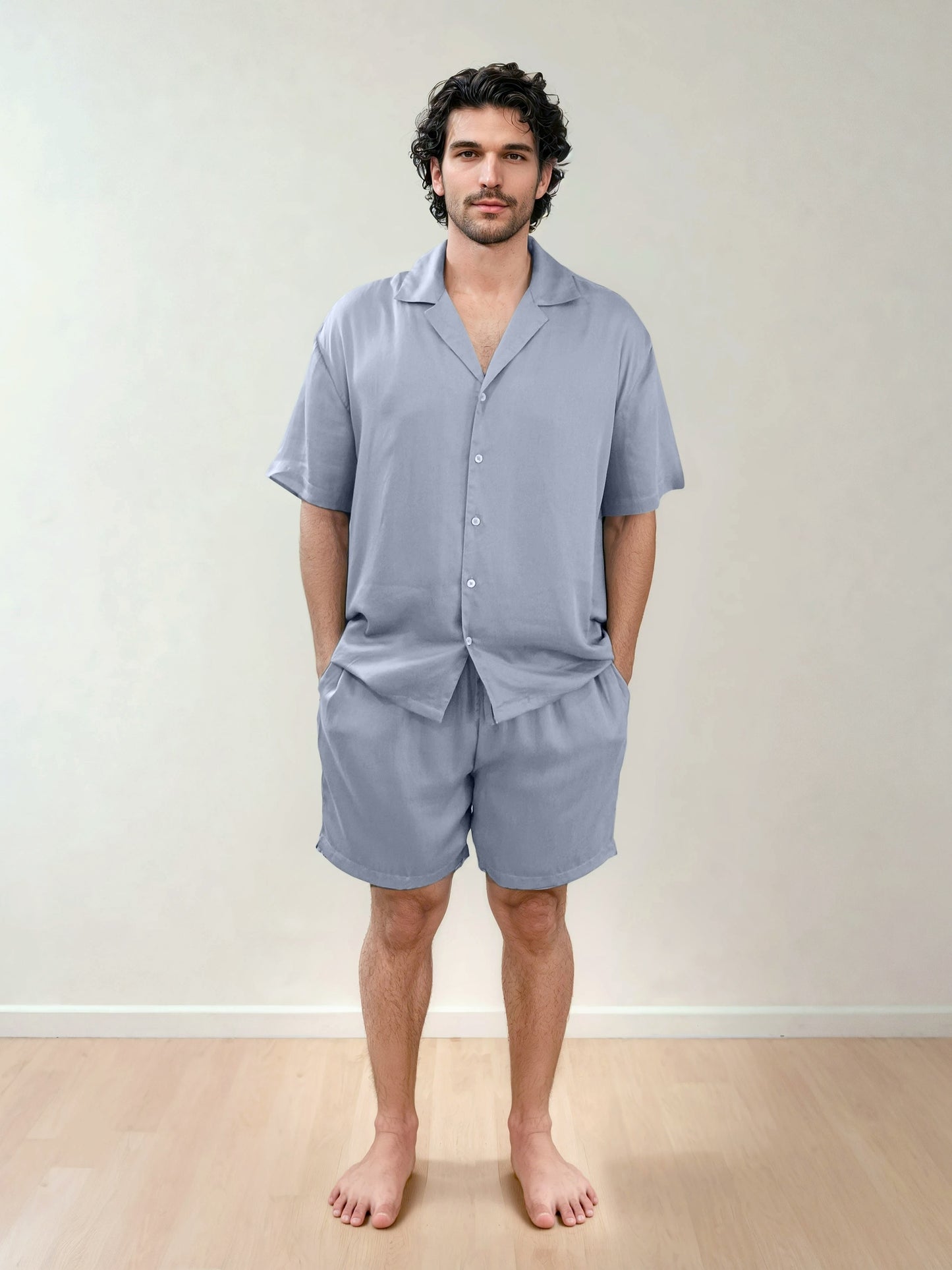 Men Shirt & Shorts Set - Fine Natural Satin Sleepwear (0% Polyester) - Feather Soft & Ultra Breathable - Myabi