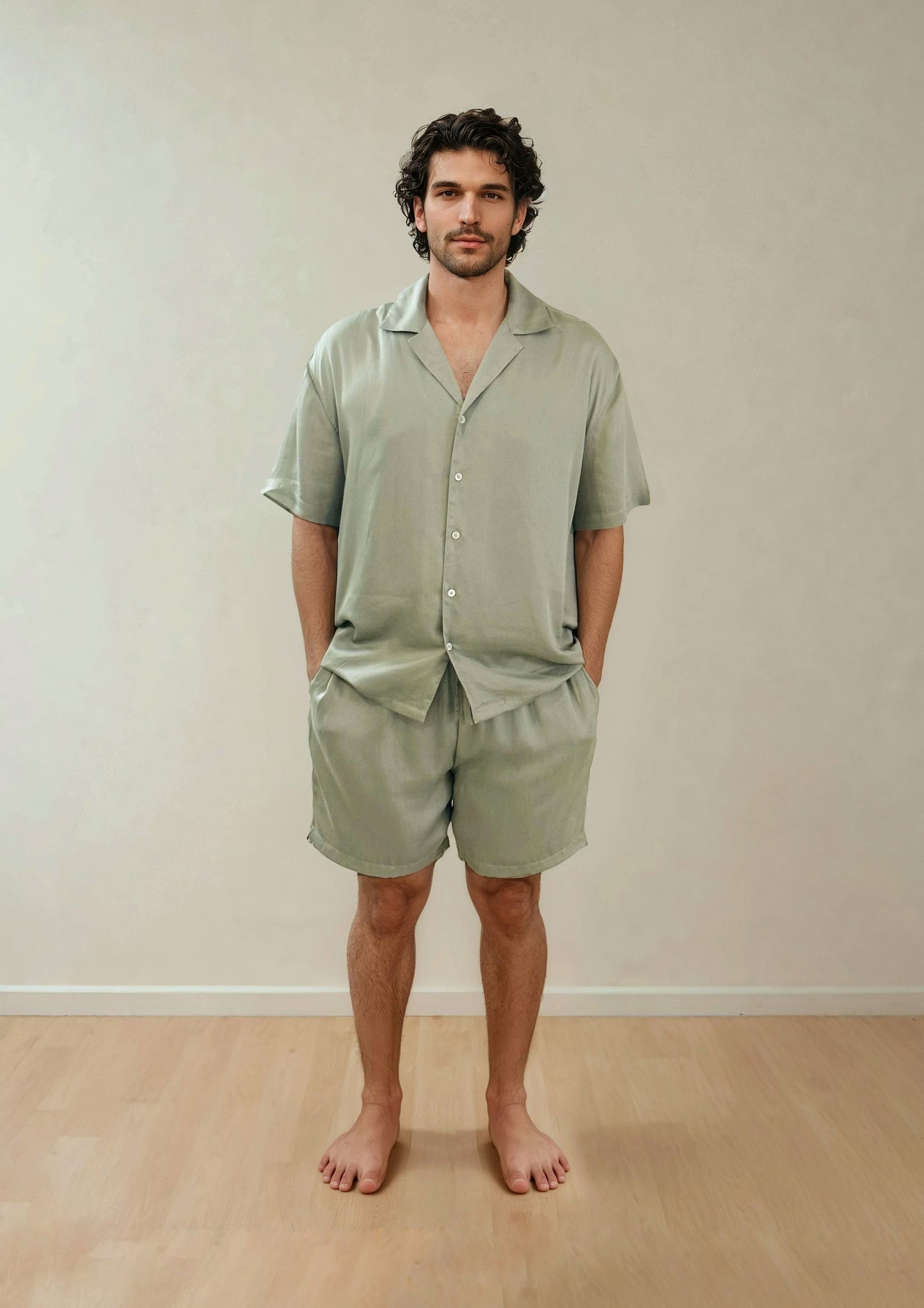 Men Shirt & Shorts Set - Fine Natural Satin Sleepwear (0% Polyester) - Feather Soft & Ultra Breathable - Myabi