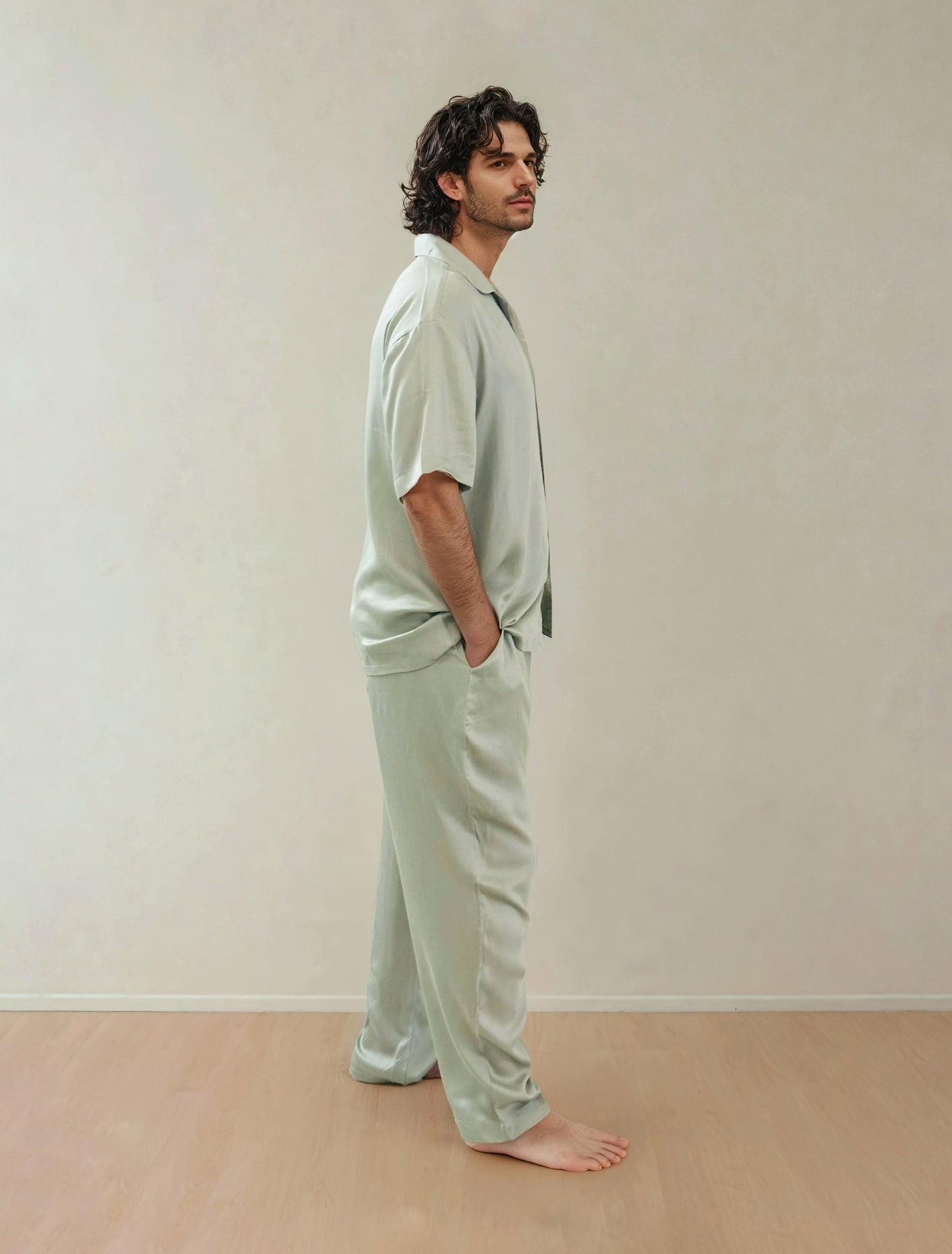 Men Shirt & Pyjama Set - Fine Natural Satin Sleepwear (0% Polyester) - Feather Soft & Ultra Breathable - Myabi