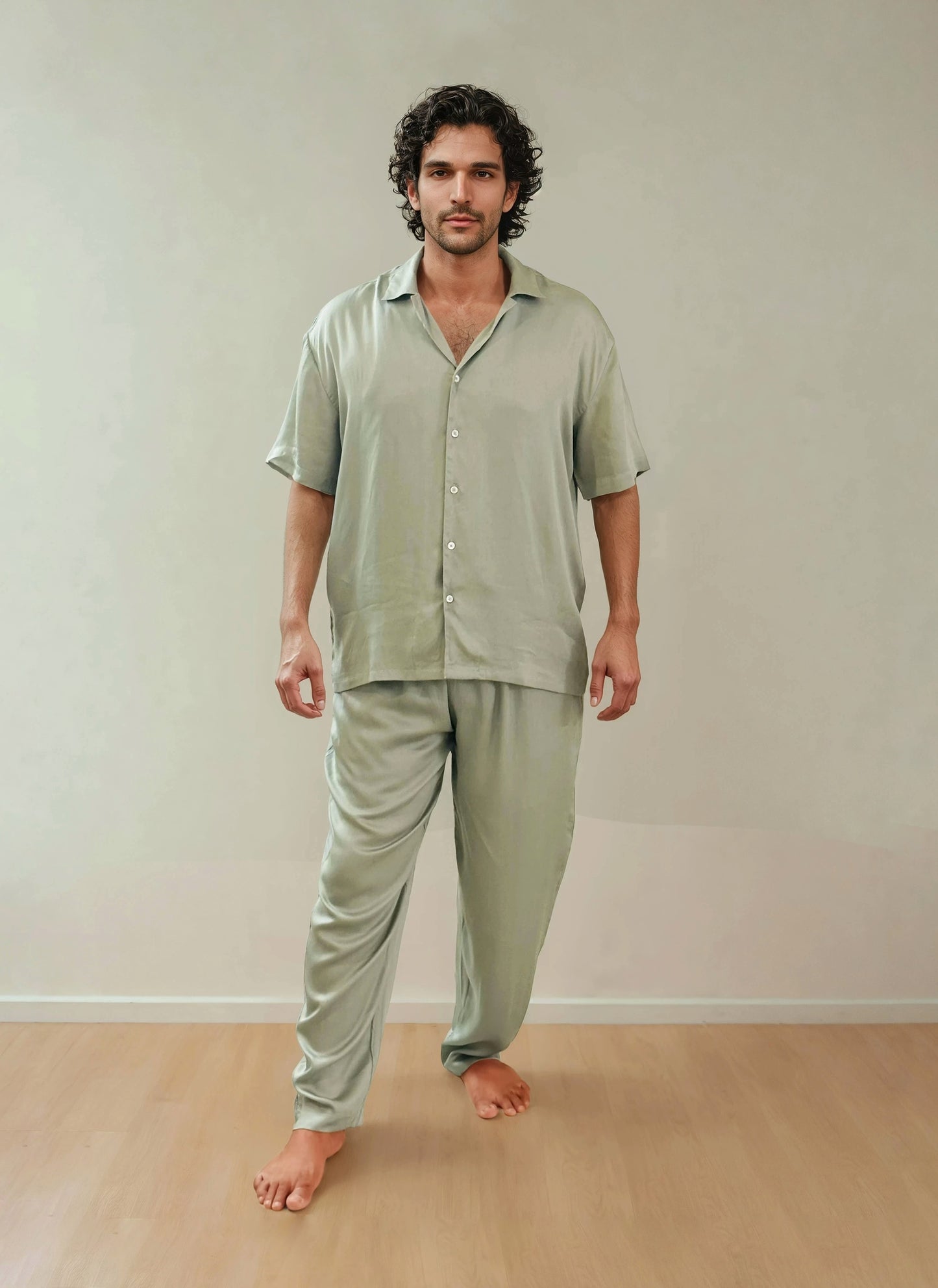 Men Shirt & Pyjama Set - Fine Natural Satin Sleepwear (0% Polyester) - Feather Soft & Ultra Breathable - Myabi