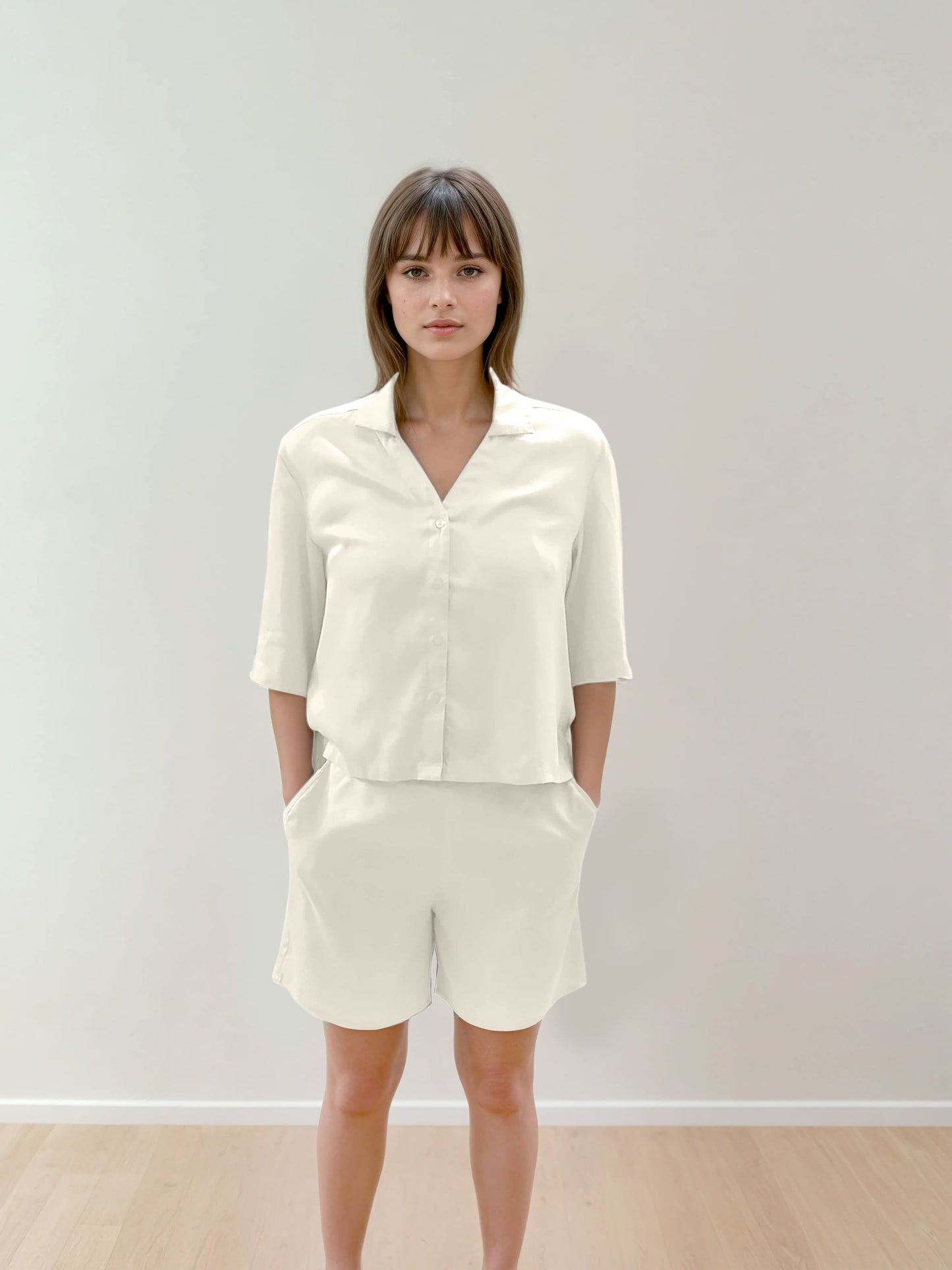 Women Crop Shirt & Shorts Set - 100% Natural Satin Sleepwear (0% Polyester) - Myabi