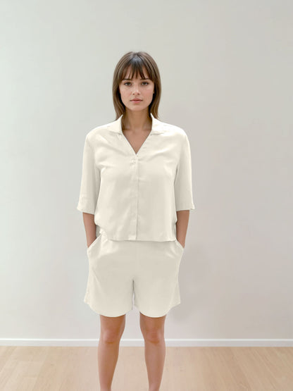 Women Crop Shirt & Shorts Set - 100% Natural Satin Sleepwear (0% Polyester) - Myabi