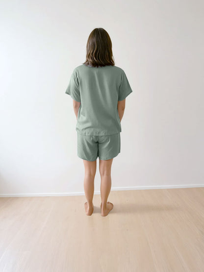Women T-Shirt & Shorts Set - 100% Natural Satin Sleepwear (0% Polyester) - Myabi