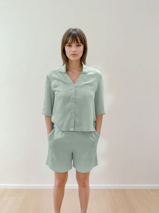 Women Crop Shirt & Shorts Set - 100% Natural Satin Sleepwear (0% Polyester) - Myabi