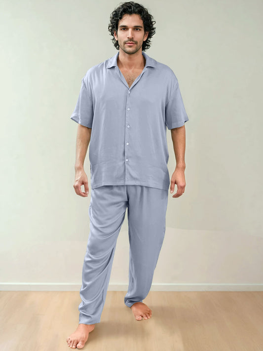 Men Shirt & Pyjama Set - 100% Finest Natural Satin Sleepwear (0% Polyester) - Myabi