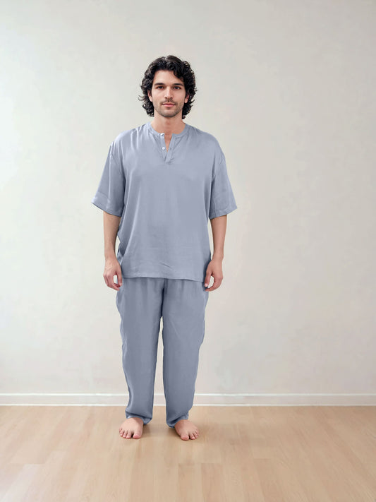 Men T-Shirt & Pyjama Set - 100% Natural Satin Sleepwear (0% Polyester) - Myabi