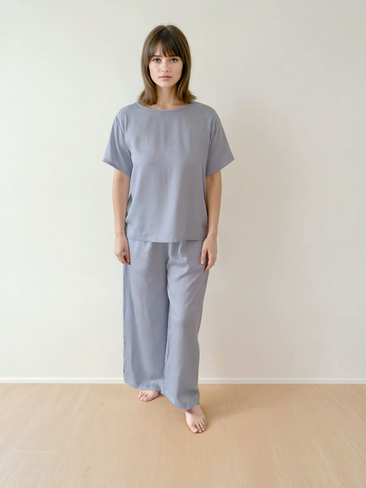 Women T-Shirt & Pyjama Set - 100% Natural Satin Sleepwear (0% Polyester) - Myabi