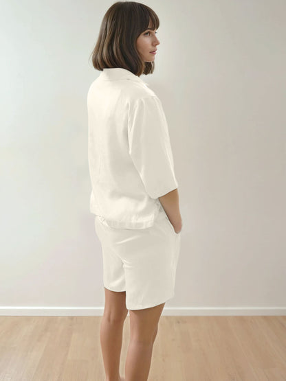 Women Crop Shirt & Shorts Set - 100% Natural Satin Sleepwear (0% Polyester) - Myabi