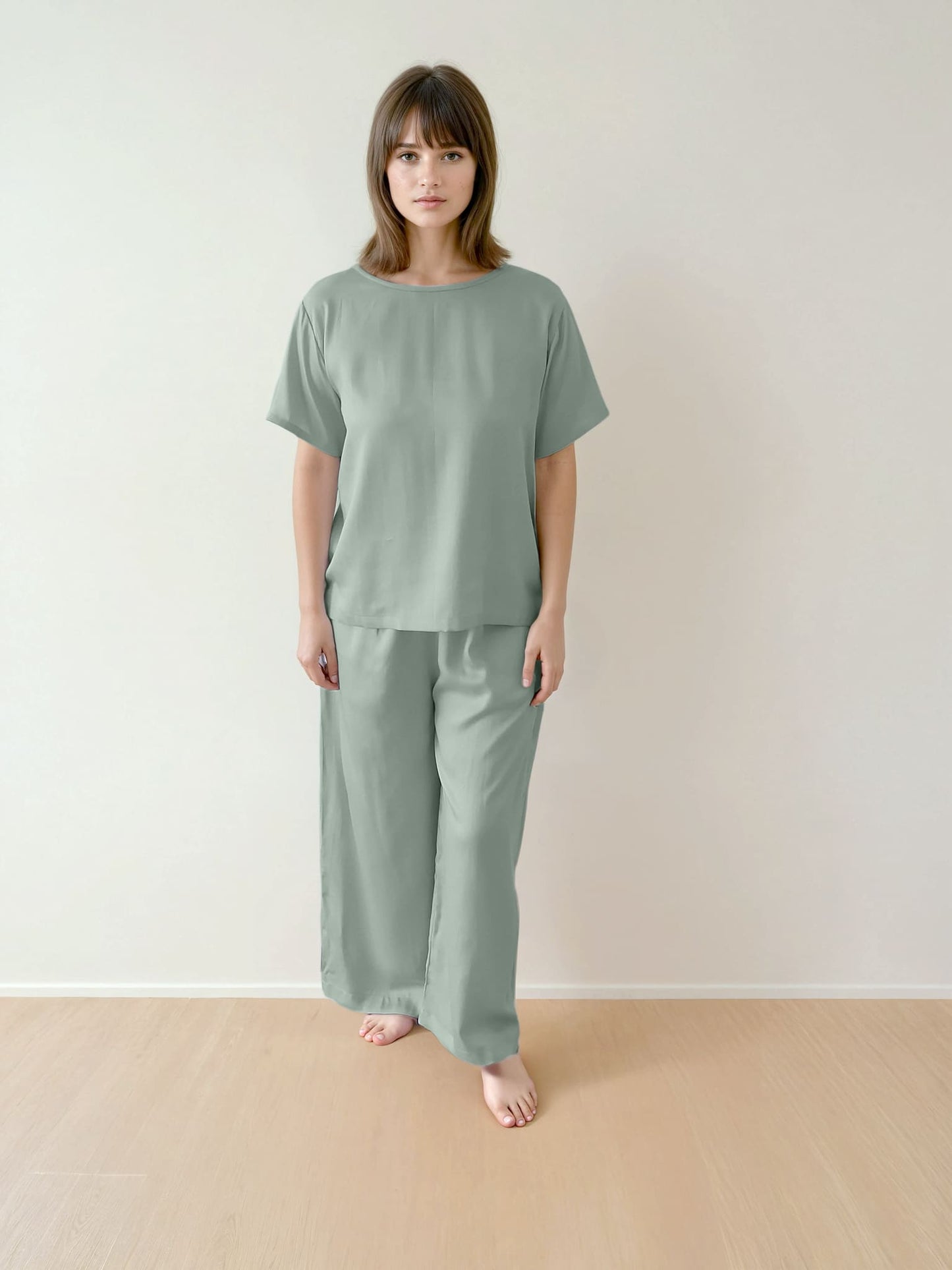 Women T-Shirt & Pyjama Set - 100% Natural Satin Sleepwear (0% Polyester) - Myabi