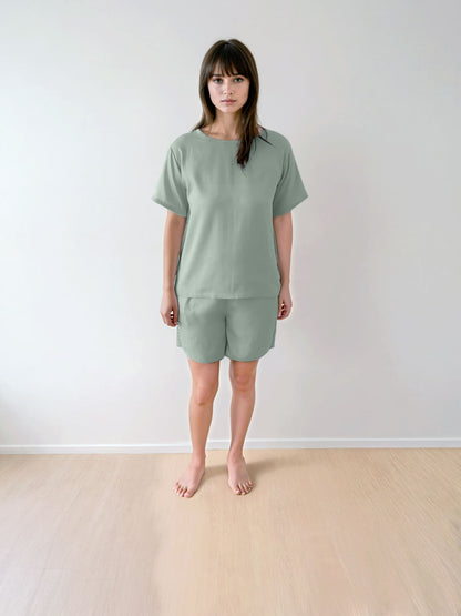 Women T-Shirt & Shorts Set - 100% Natural Satin Sleepwear (0% Polyester) - Myabi