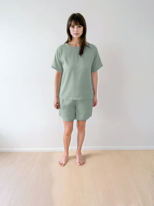 Women T-Shirt & Shorts Set - 100% Natural Satin Sleepwear (0% Polyester) - Myabi
