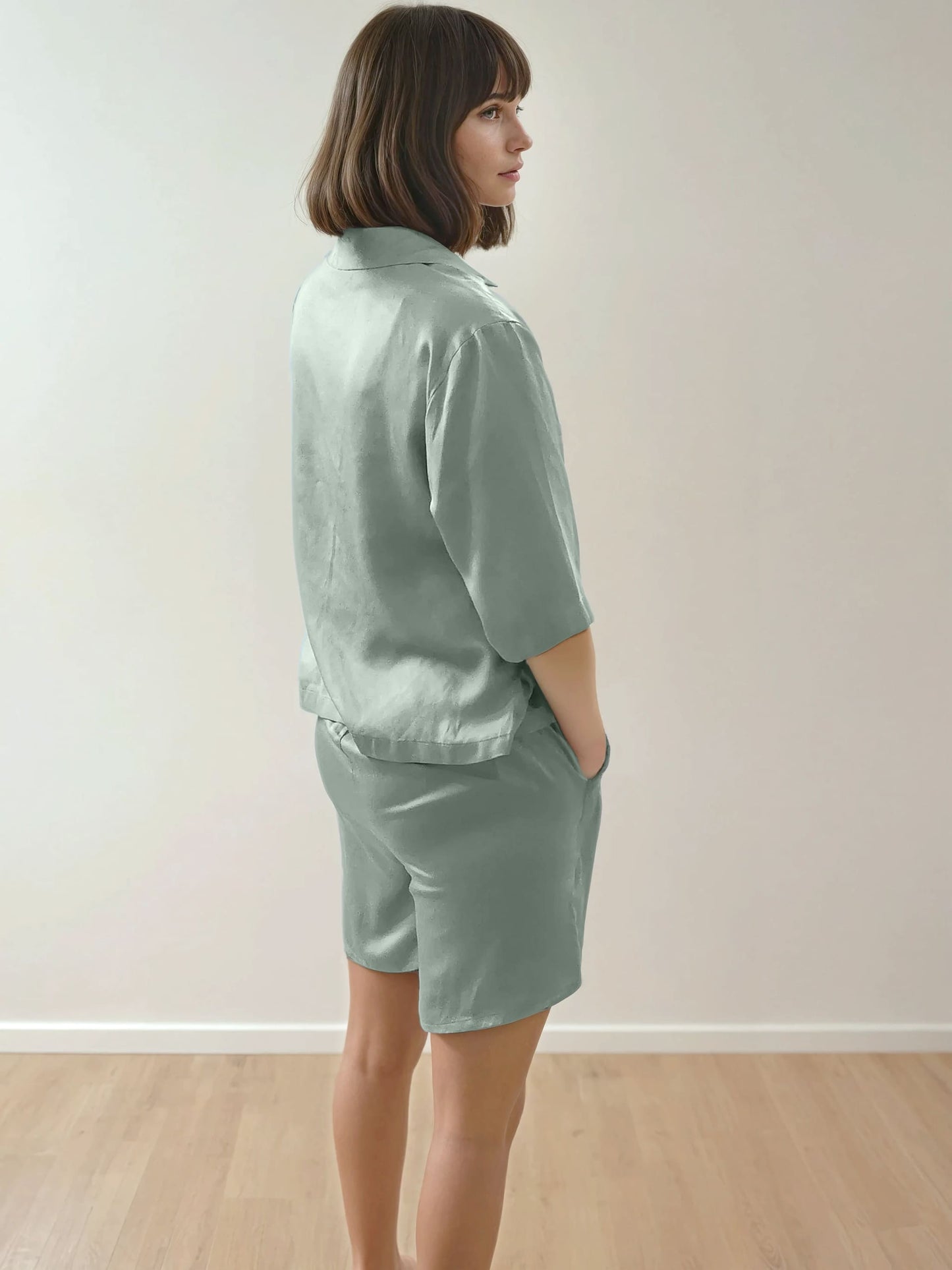 Women Crop Shirt & Shorts Set - 100% Natural Satin Sleepwear (0% Polyester) - Myabi