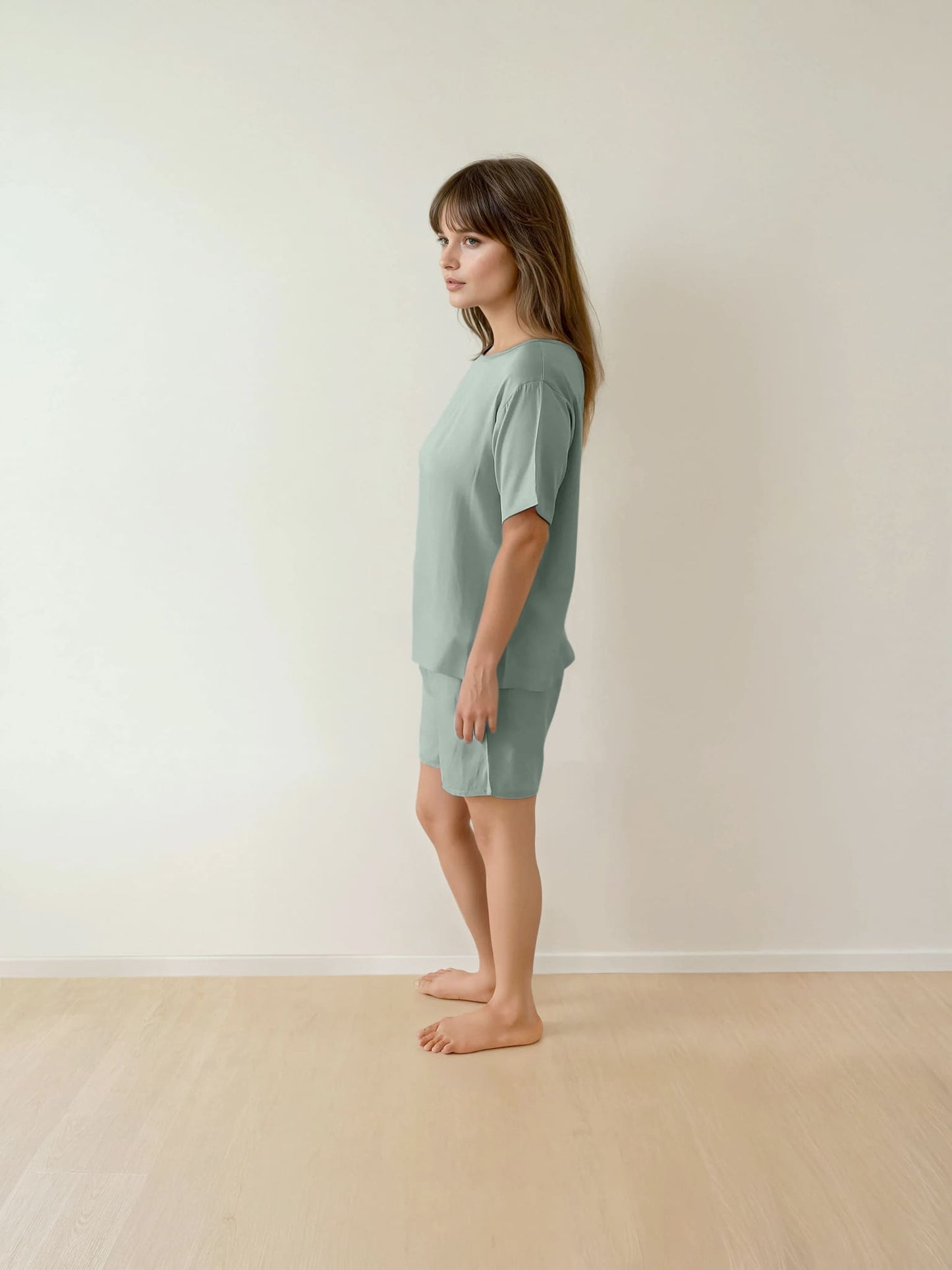 Women T-Shirt & Shorts Set - 100% Natural Satin Sleepwear (0% Polyester) - Myabi