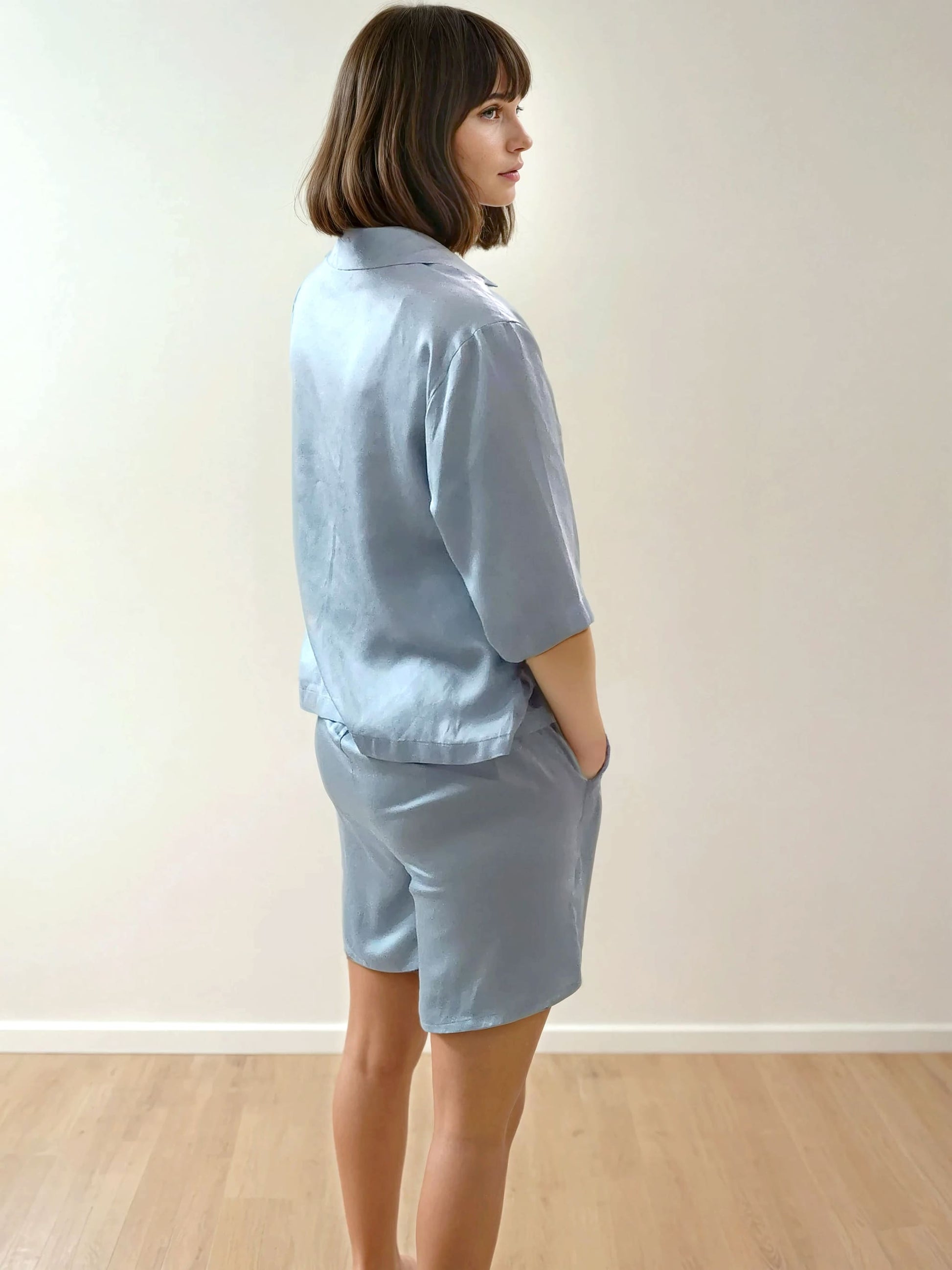 Women Crop Shirt & Shorts Set - 100% Natural Satin Sleepwear (0% Polyester) - Myabi