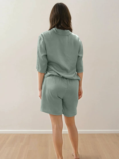 Women Crop Shirt & Shorts Set - 100% Natural Satin Sleepwear (0% Polyester) - Myabi