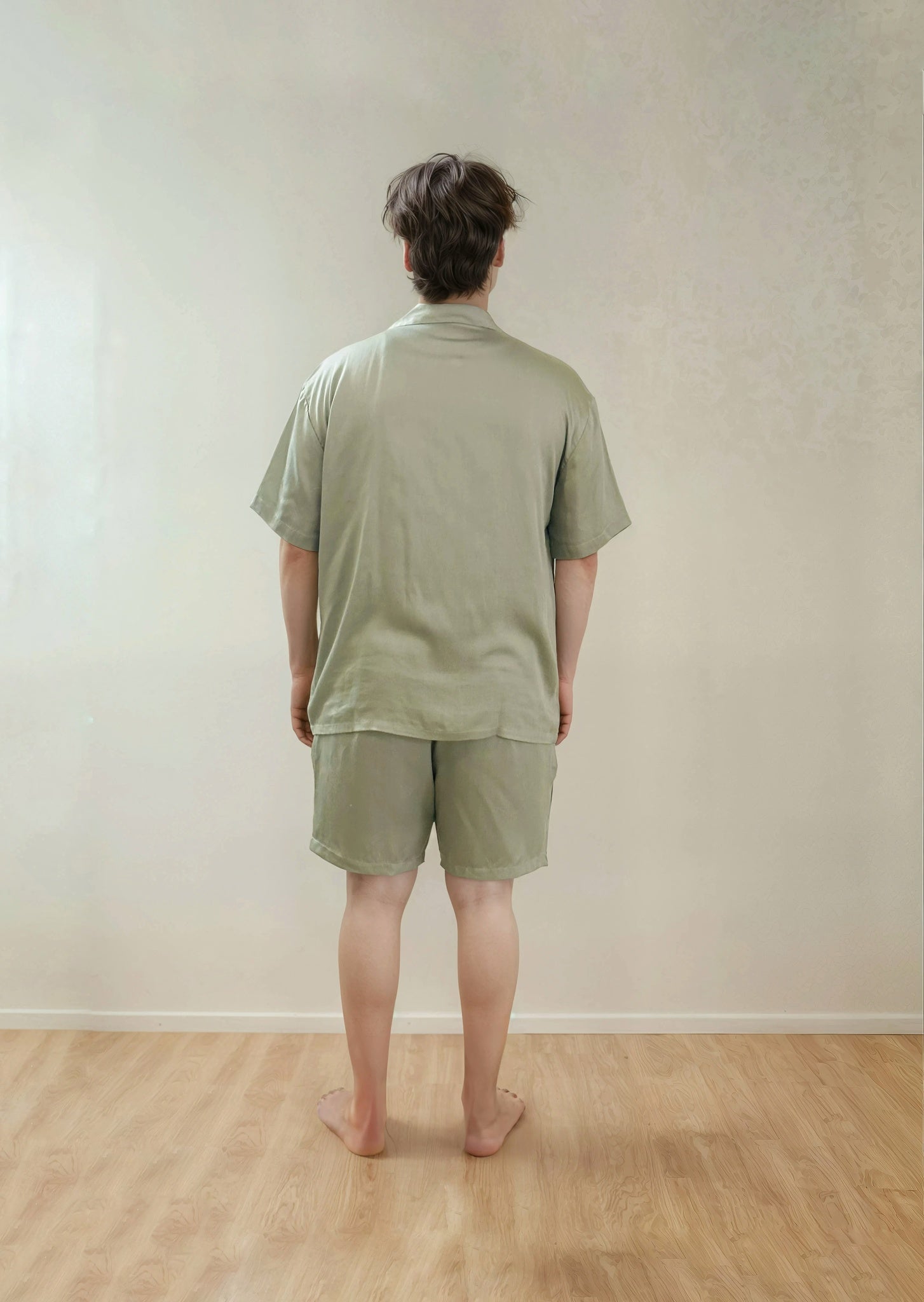 Men Shirt & Shorts Set - Fine Natural Satin Sleepwear (0% Polyester) - Feather Soft & Ultra Breathable - Myabi