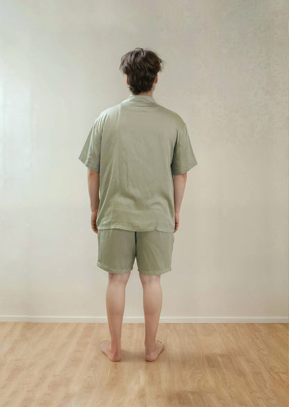 Men Shirt & Shorts Set - Fine Natural Satin Sleepwear (0% Polyester) - Feather Soft & Ultra Breathable - Myabi