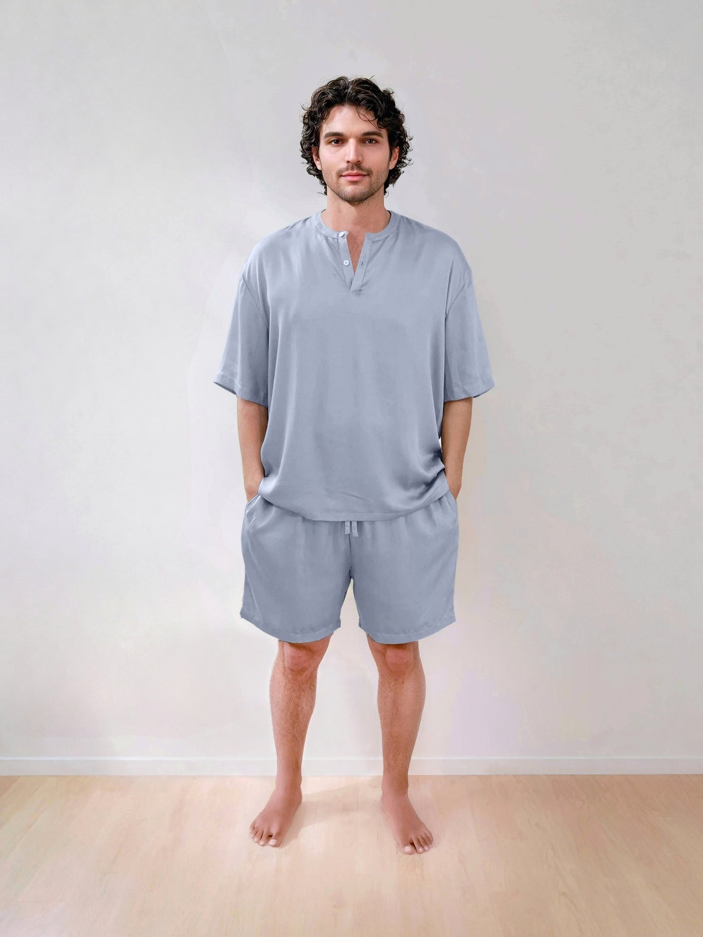 Men T-Shirt & Shorts Set - Fine Natural Satin Sleepwear (0% Polyester) - Feather Soft & Ultra Breathable - Myabi
