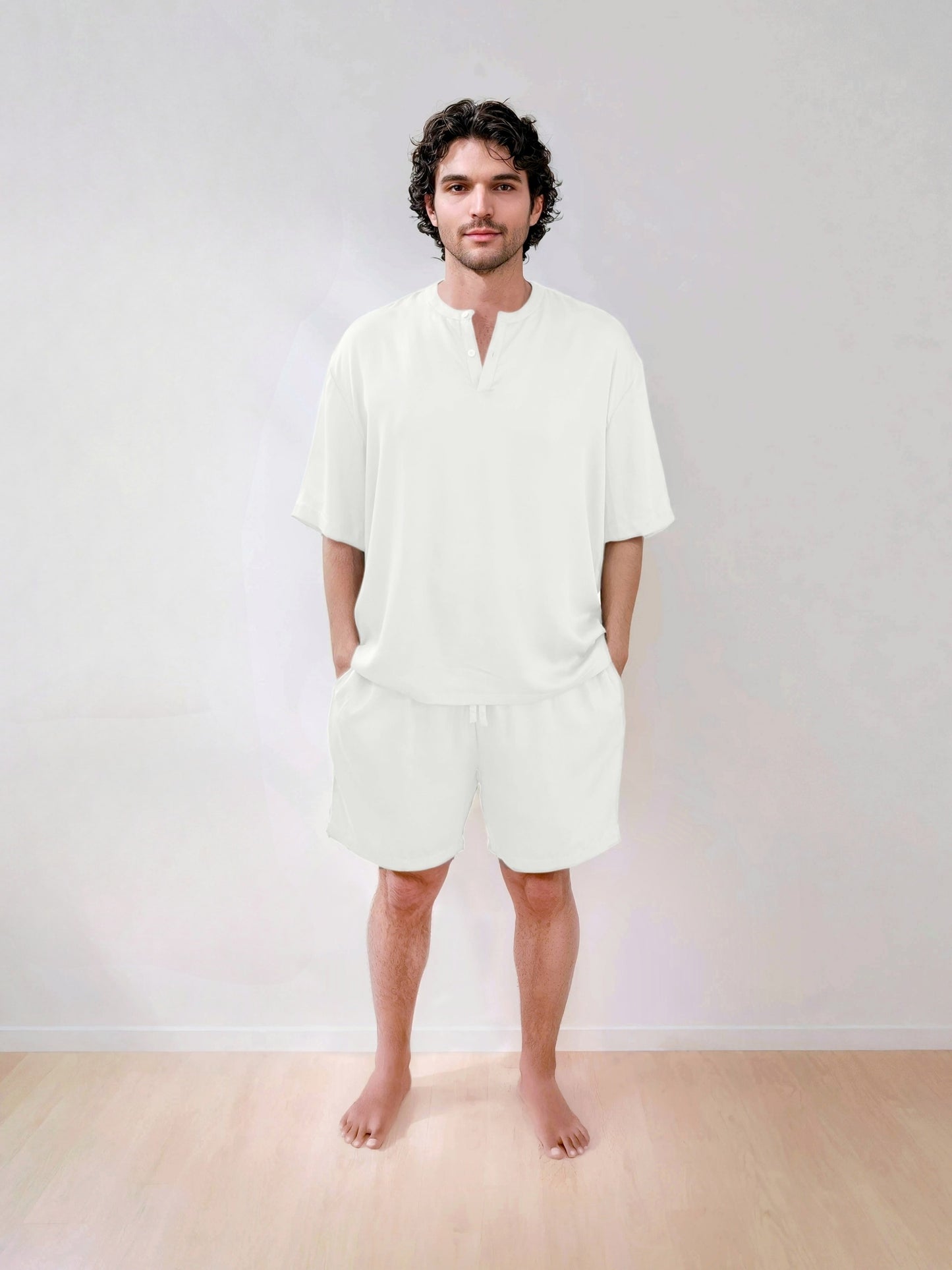 Men T-Shirt & Shorts Set - Fine Natural Satin Sleepwear (0% Polyester) - Feather Soft & Ultra Breathable - Myabi