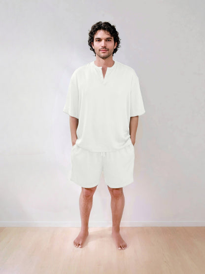 Men T-Shirt & Shorts Set - Fine Natural Satin Sleepwear (0% Polyester) - Feather Soft & Ultra Breathable - Myabi