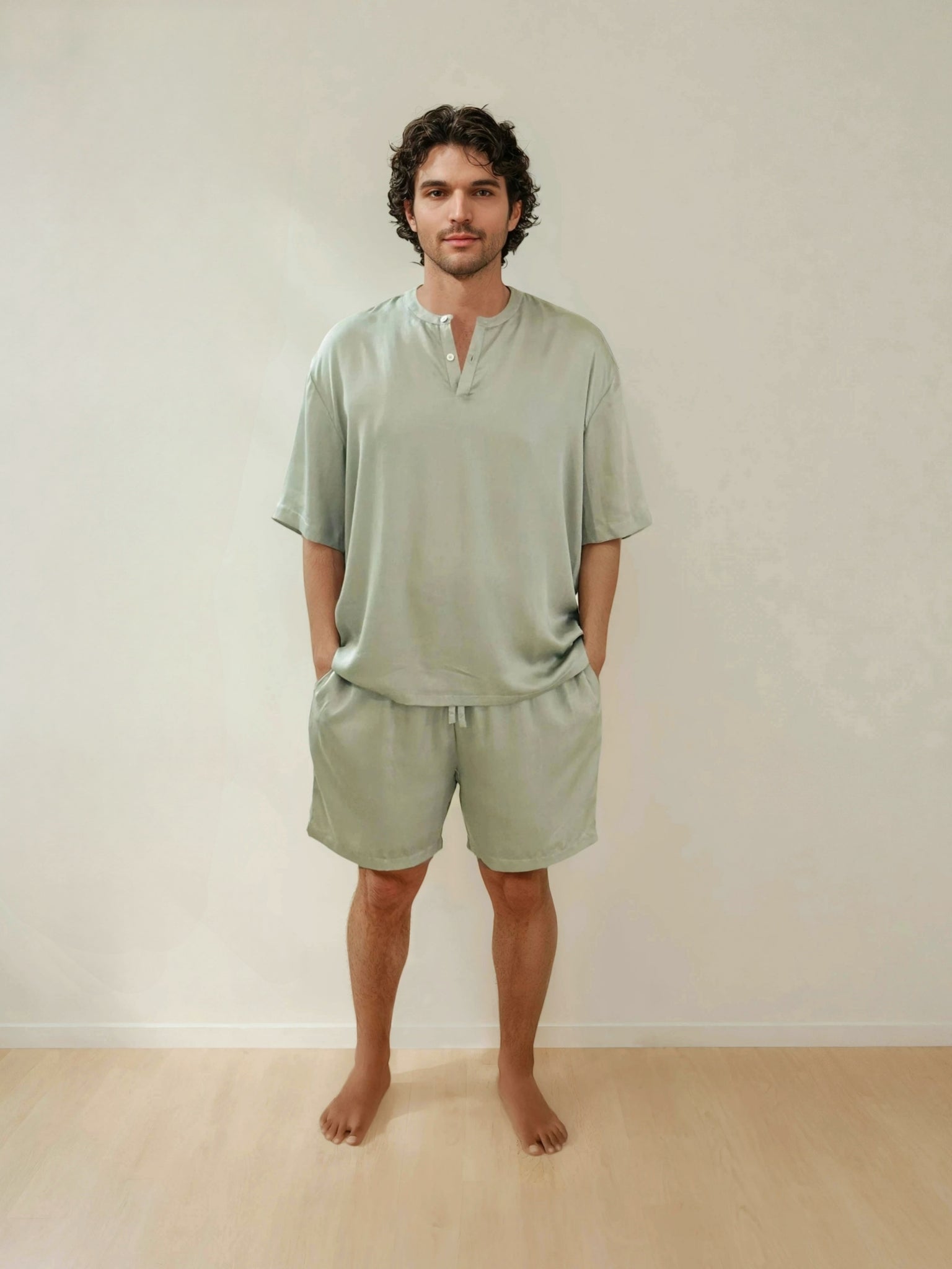 Men T-Shirt & Shorts Set - Fine Natural Satin Sleepwear (0% Polyester) - Feather Soft & Ultra Breathable - Myabi
