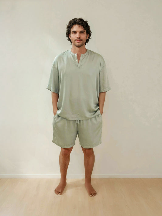 Men T-Shirt & Shorts Set - Fine Natural Satin Sleepwear (0% Polyester) - Feather Soft & Ultra Breathable - Myabi