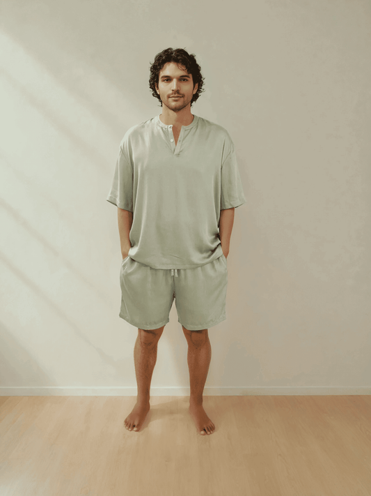 Men T-Shirt & Shorts Set - 100% Natural Satin Sleepwear (0% Polyester) - Myabi