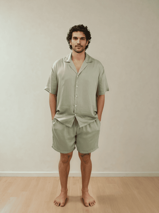 Men Shirt & Shorts Set - 100% Natural Satin Sleepwear (0% Polyester) - Myabi