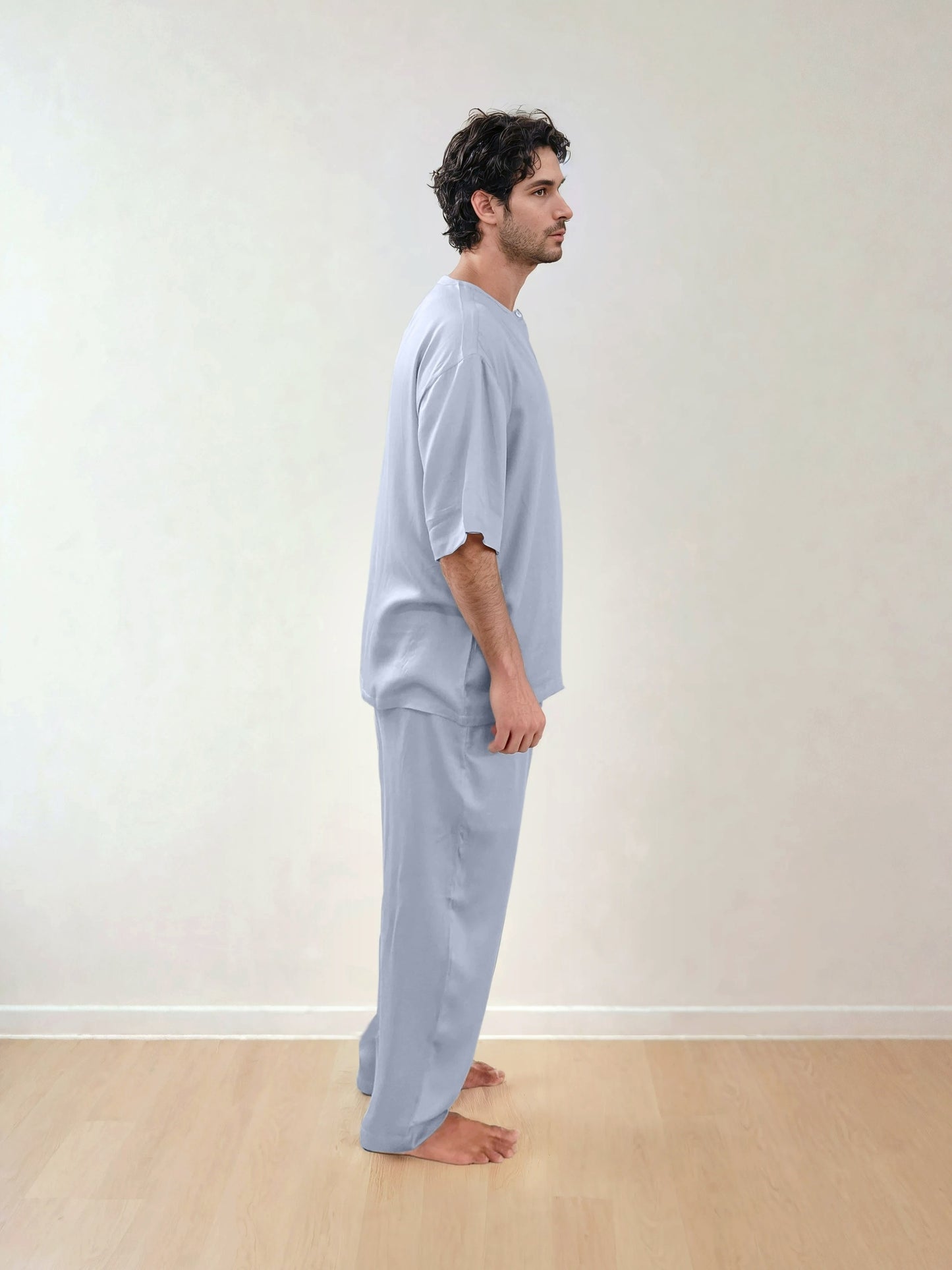 Men T-Shirt & Pyjama Set - Fine Natural Satin Sleepwear (0% Polyester) - Feather Soft & Ultra Breathable - Myabi