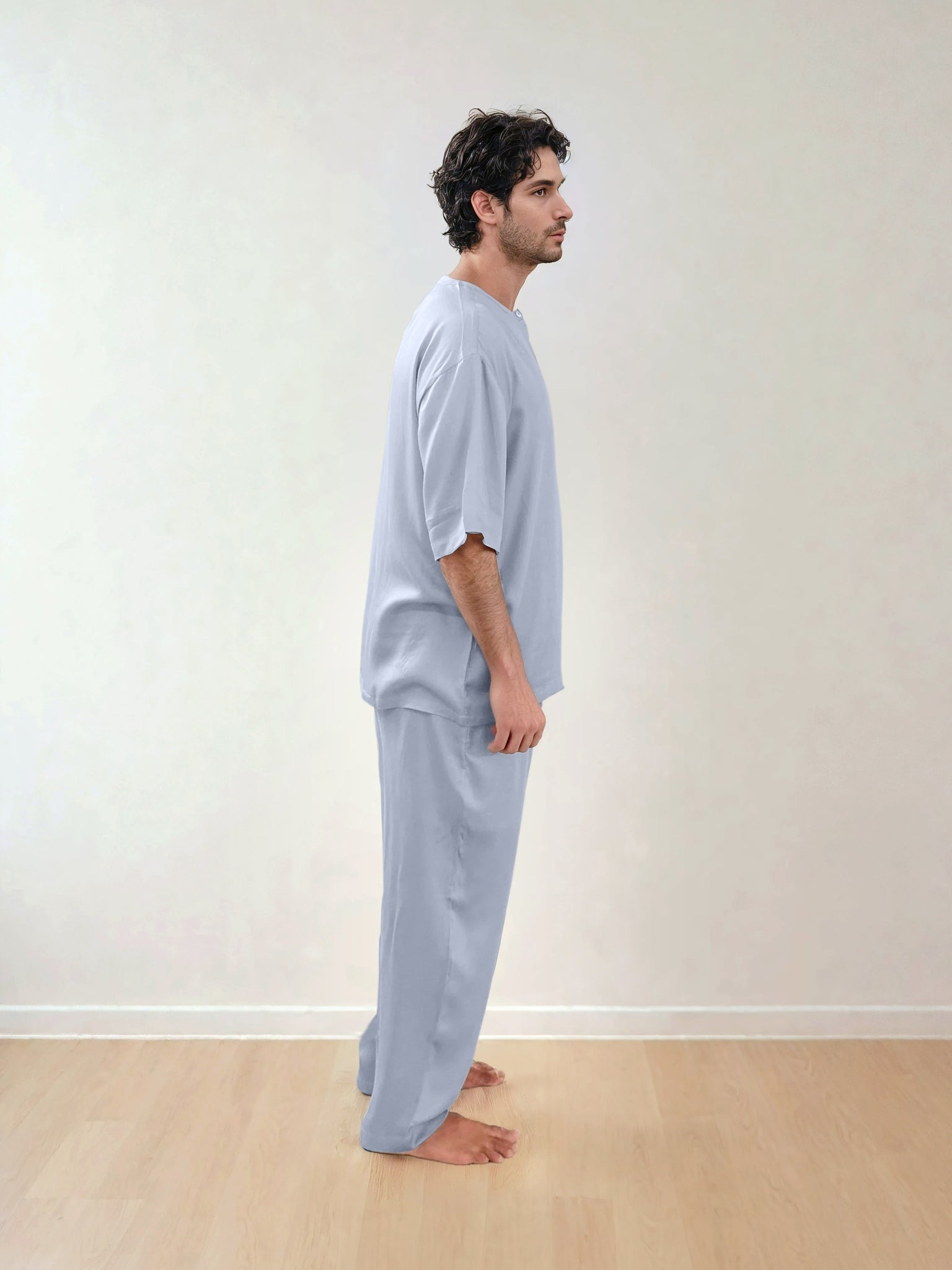 Men T-Shirt & Pyjama Set - Fine Natural Satin Sleepwear (0% Polyester) - Feather Soft & Ultra Breathable - Myabi