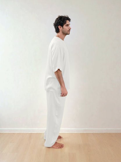 Men T-Shirt & Pyjama Set - Fine Natural Satin Sleepwear (0% Polyester) - Feather Soft & Ultra Breathable - Myabi