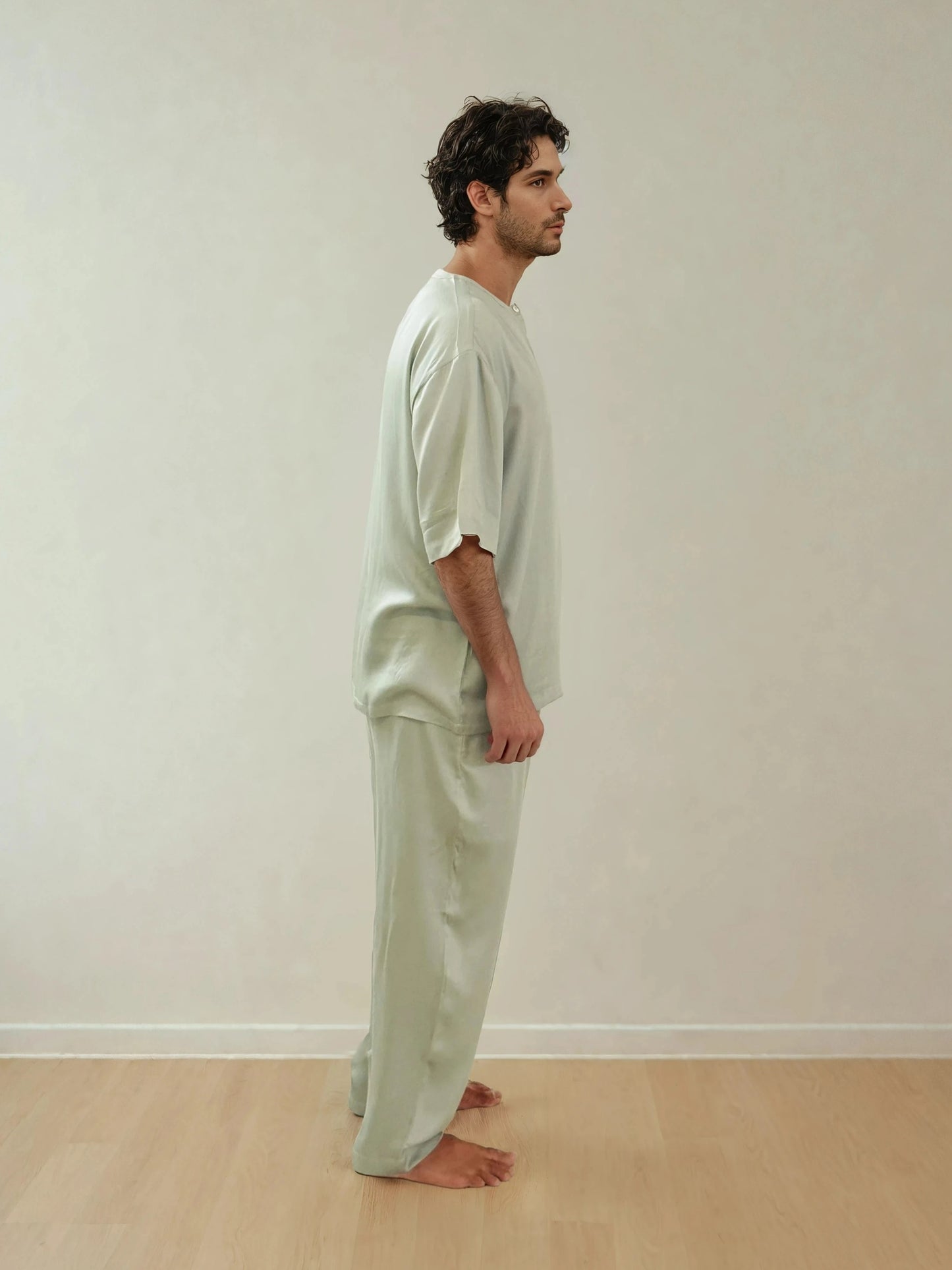Men T-Shirt & Pyjama Set - Fine Natural Satin Sleepwear (0% Polyester) - Feather Soft & Ultra Breathable - Myabi