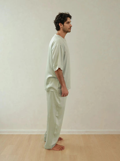 Men T-Shirt & Pyjama Set - Fine Natural Satin Sleepwear (0% Polyester) - Feather Soft & Ultra Breathable - Myabi
