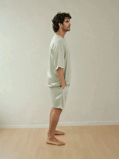Men T-Shirt & Shorts Set - Fine Natural Satin Sleepwear (0% Polyester) - Feather Soft & Ultra Breathable - Myabi