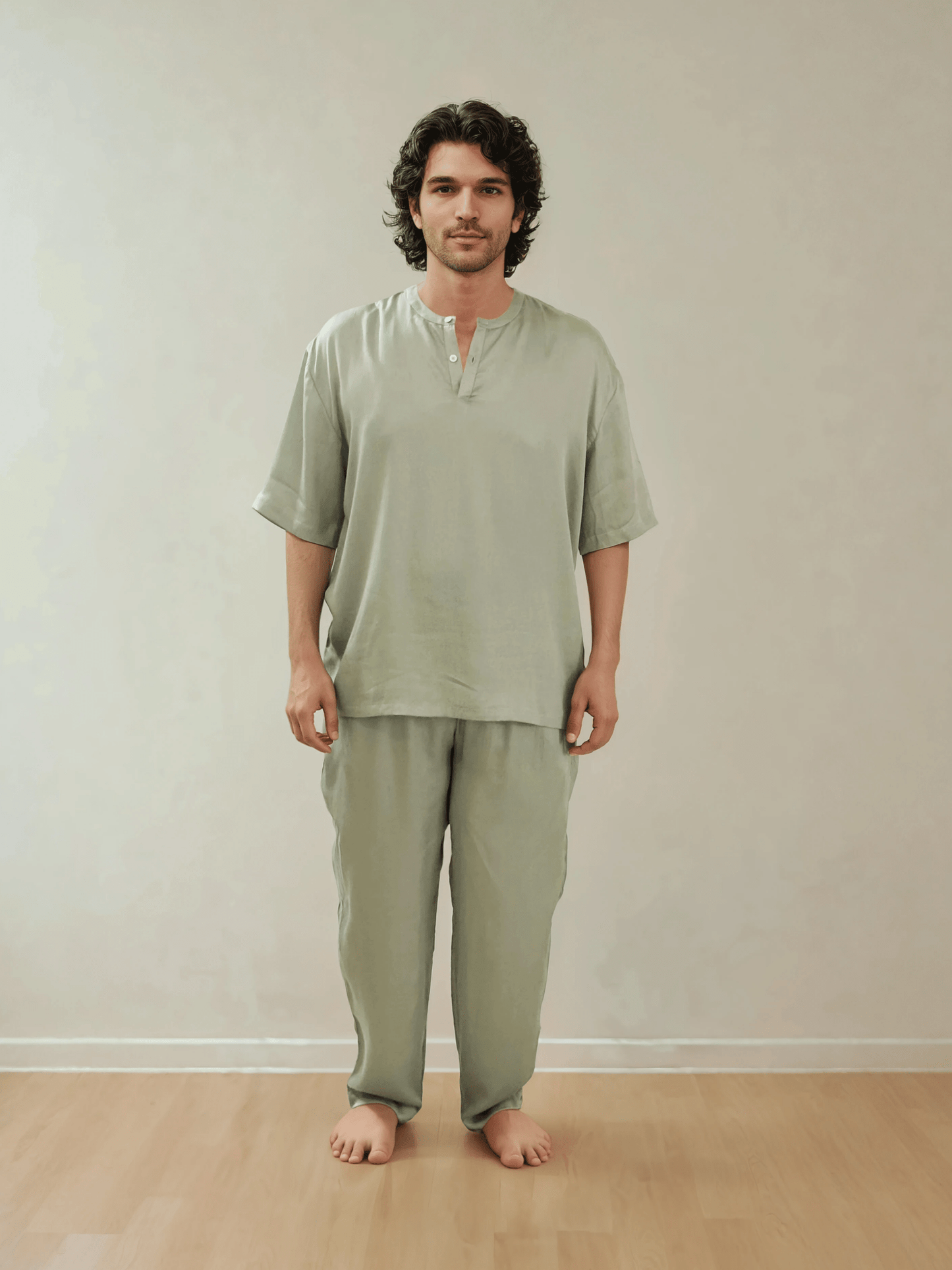 Men T-Shirt & Pyjama Set - Fine Natural Satin Sleepwear (0% Polyester) - Feather Soft & Ultra Breathable - Myabi
