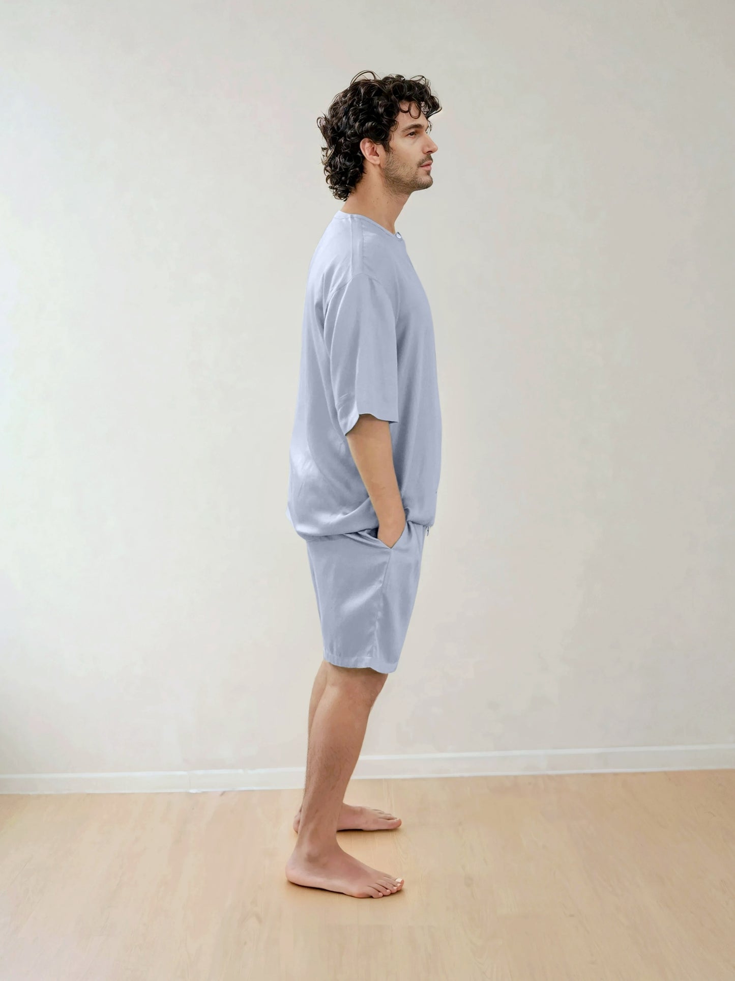 Men T-Shirt & Shorts Set - Fine Natural Satin Sleepwear (0% Polyester) - Feather Soft & Ultra Breathable - Myabi