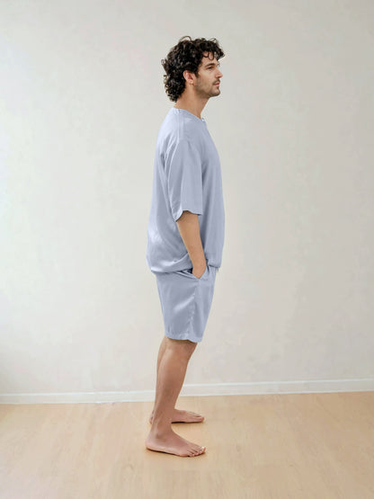 Men T-Shirt & Shorts Set - Fine Natural Satin Sleepwear (0% Polyester) - Feather Soft & Ultra Breathable - Myabi