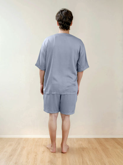 Men T-Shirt & Shorts Set - Fine Natural Satin Sleepwear (0% Polyester) - Feather Soft & Ultra Breathable - Myabi