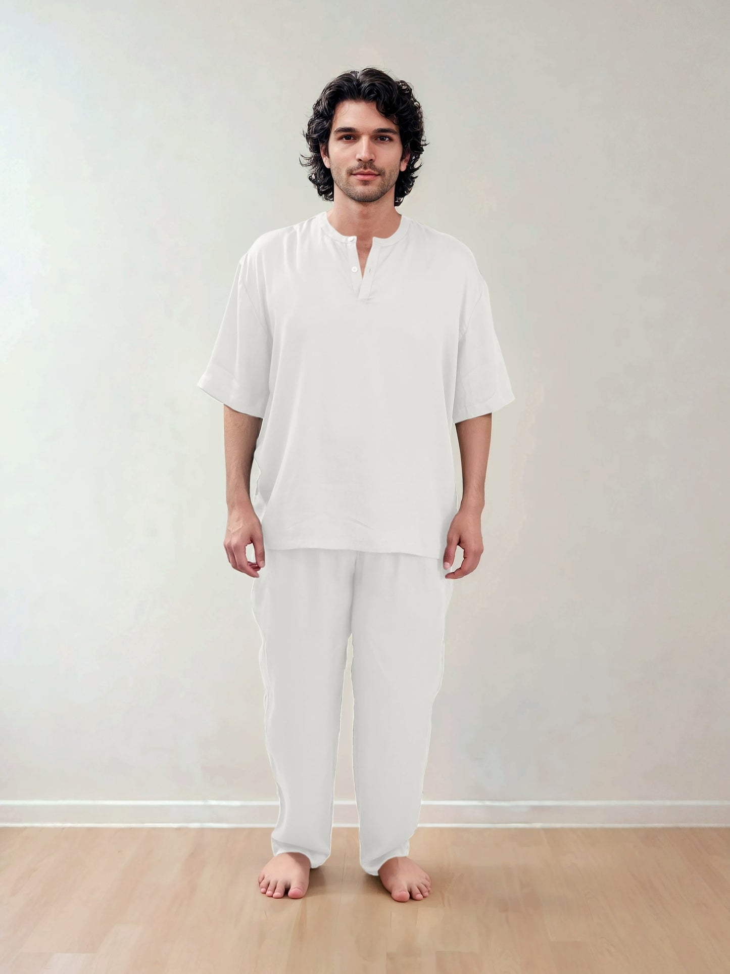Men T-Shirt & Pyjama Set - Fine Natural Satin Sleepwear (0% Polyester) - Feather Soft & Ultra Breathable - Myabi