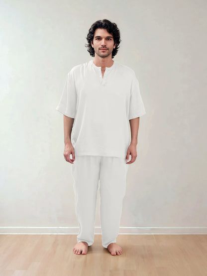 Men T-Shirt & Pyjama Set - Fine Natural Satin Sleepwear (0% Polyester) - Feather Soft & Ultra Breathable - Myabi