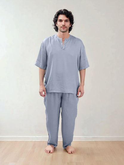 Men T-Shirt & Pyjama Set - Fine Natural Satin Sleepwear (0% Polyester) - Feather Soft & Ultra Breathable - Myabi