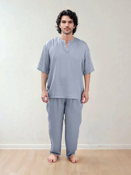 Men T-Shirt & Pyjama Set - Fine Natural Satin Sleepwear (0% Polyester) - Feather Soft & Ultra Breathable - Myabi