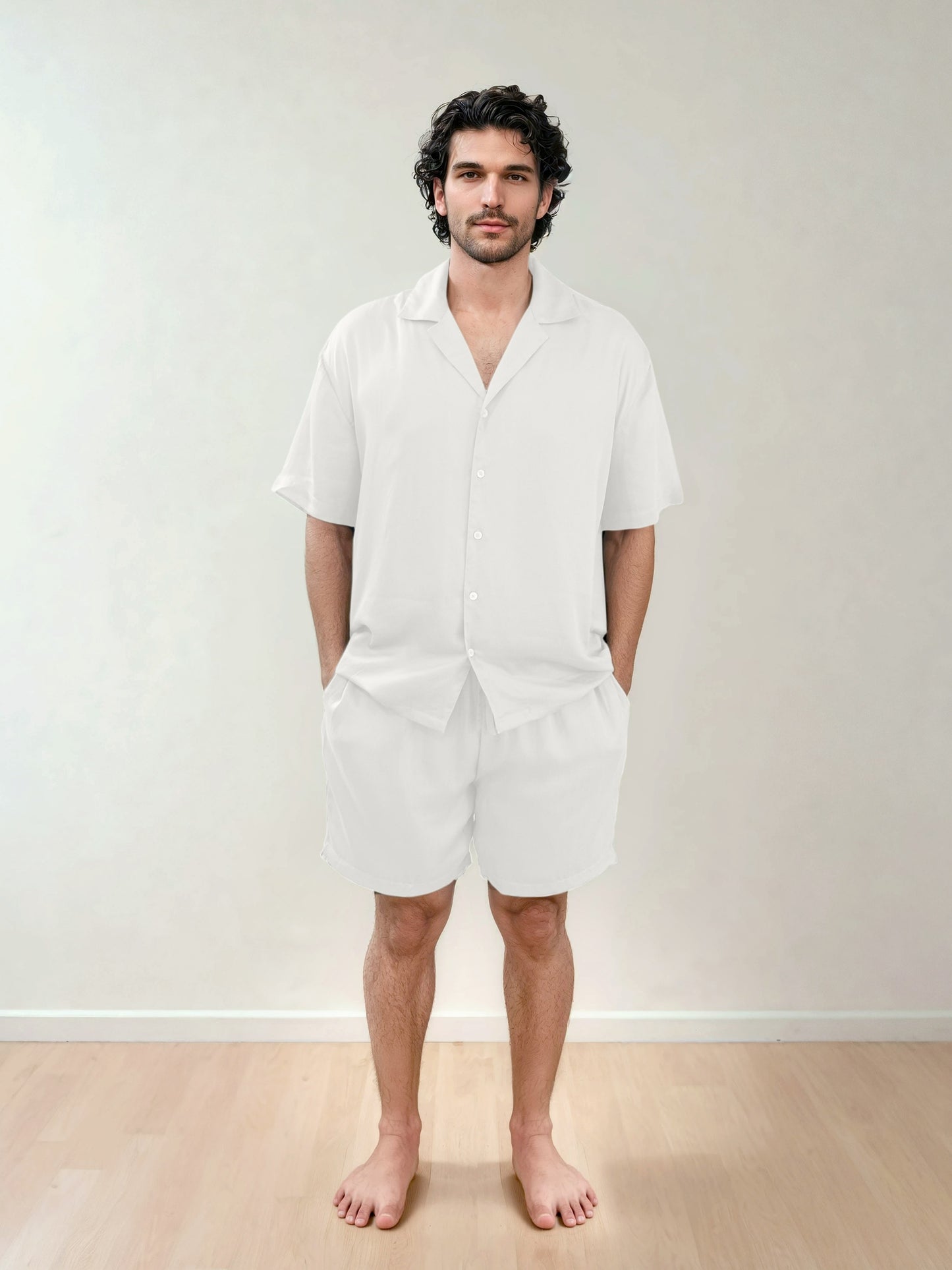 Men Shirt & Shorts Set - Fine Natural Satin Sleepwear (0% Polyester) - Feather Soft & Ultra Breathable - Myabi