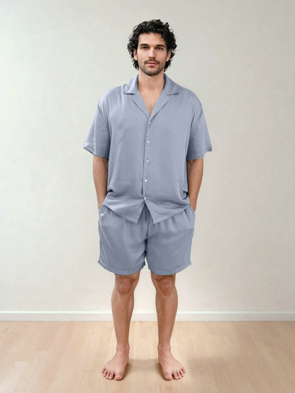Men Shirt & Shorts Set - Fine Natural Satin Sleepwear (0% Polyester) - Feather Soft & Ultra Breathable - Myabi