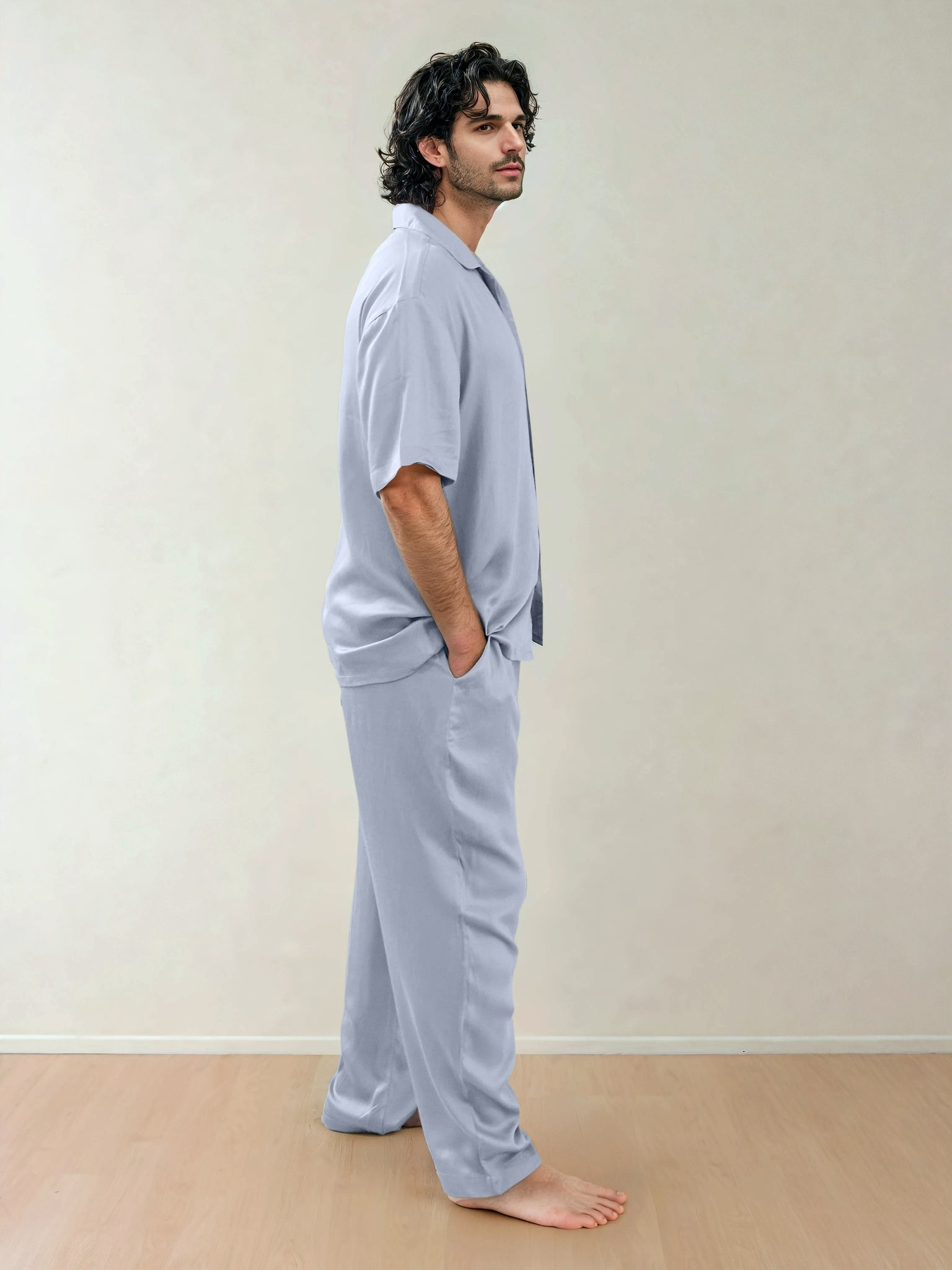 Men Shirt & Pyjama Set - Fine Natural Satin Sleepwear (0% Polyester) - Feather Soft & Ultra Breathable - Myabi