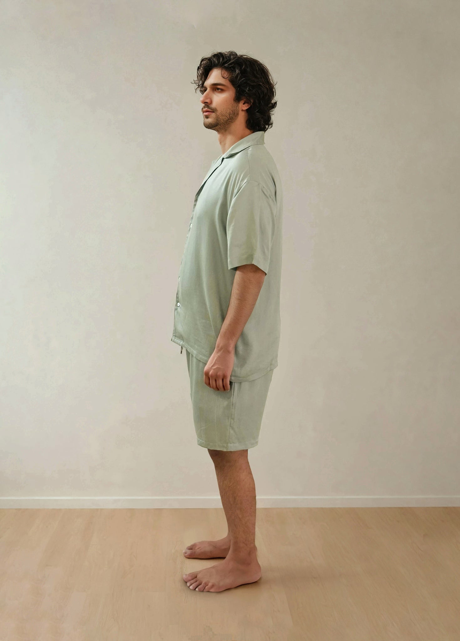 Men Shirt & Shorts Set - Fine Natural Satin Sleepwear (0% Polyester) - Feather Soft & Ultra Breathable - Myabi
