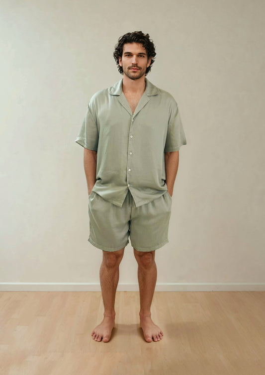 Men Shirt & Shorts Set - Fine Natural Satin Sleepwear (0% Polyester) - Feather Soft & Ultra Breathable - Myabi